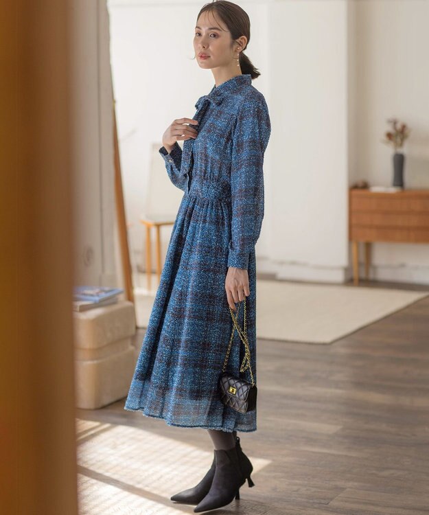 組曲 ギミックチェックツイード ワンピース ネイビー系5