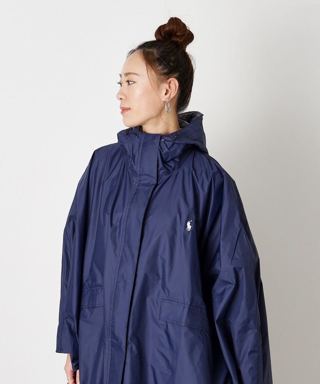MOONBAT POLO RALPH LAUREN(ポロ ラルフローレン) ポロポニー ポケッタブル レインポンチョ レインコート 無地 フード 収納袋 ロゴ入 レディース ネイビーブルー
