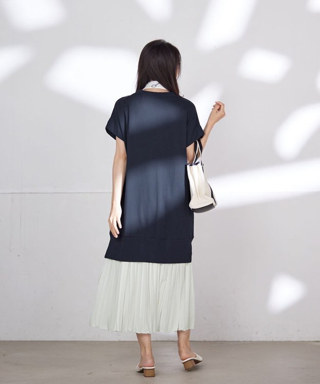 Tiaclasse 【洗える】裏毛プリーツコンビワンピース ネイビー×オフ