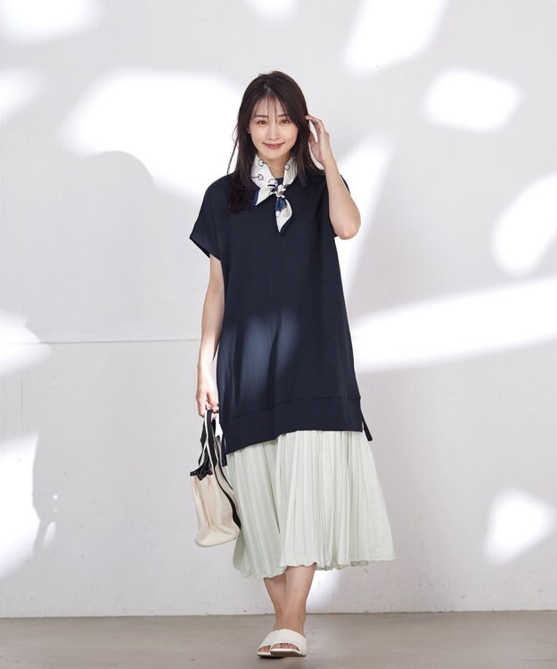 Tiaclasse 【洗える】裏毛プリーツコンビワンピース ネイビー×オフ