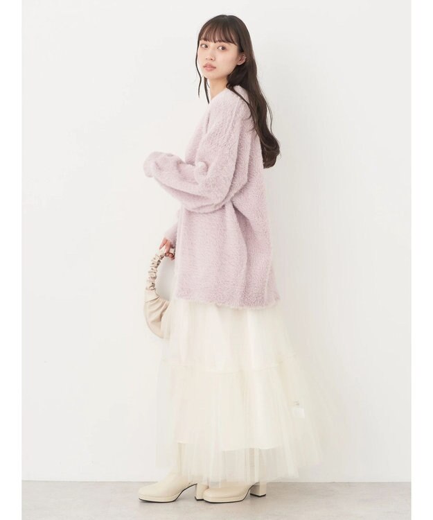 earth music&ecology ロングシャギーＶネックカーディガン Pink Beige
