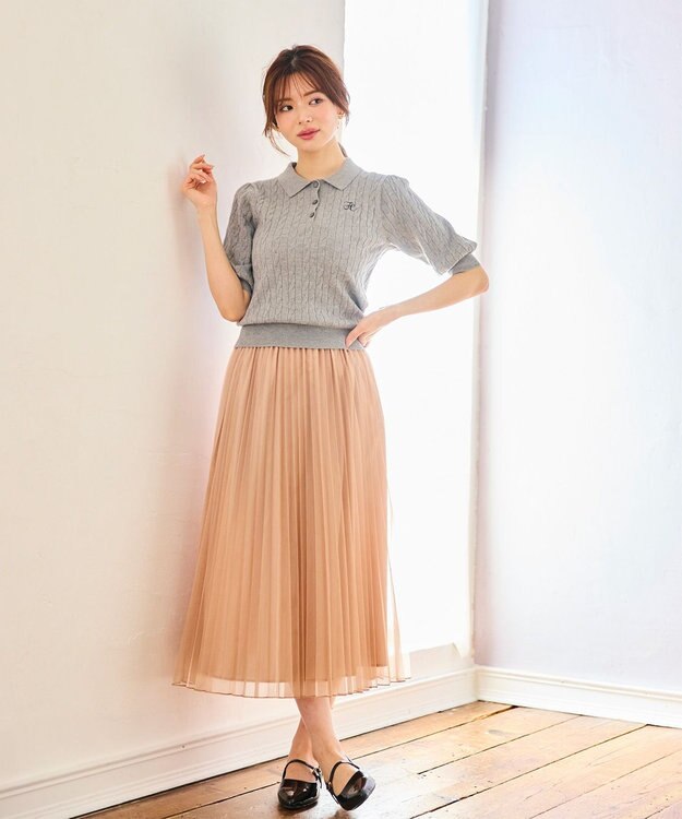 Feroux 胸元刺繍ケーブルポロ ニット グレー系