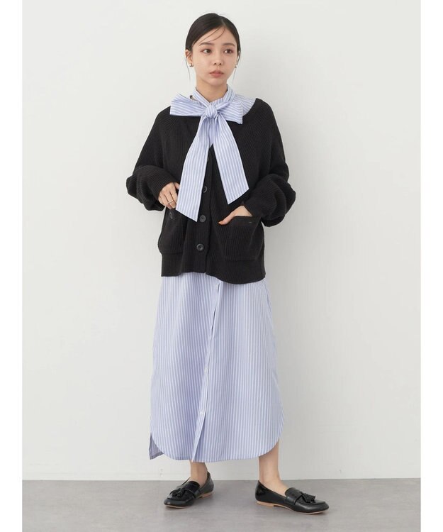 earth music&ecology ボウタイシャツワンピース Stripe Blue