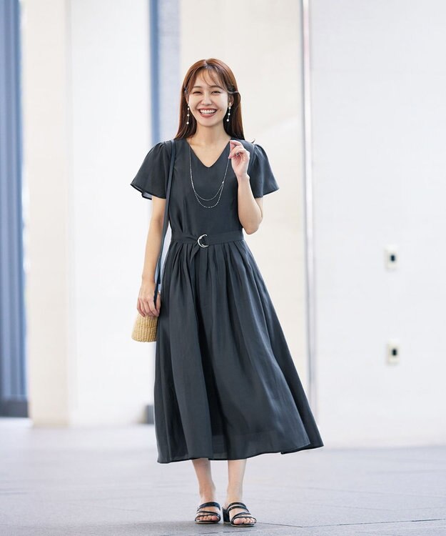 Tiaclasse L 【洗える】大人上品なシアータックワンピース チャコールグレー