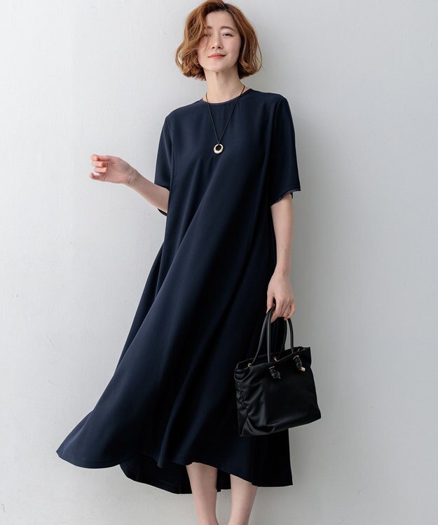 23区 S ストレッチジョーゼット フレアワンピース ネイビー系