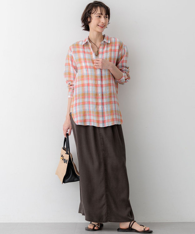 23区 【先行予約/見上愛さん着用】LIBECOリネン チェック シャツ オレンジ系