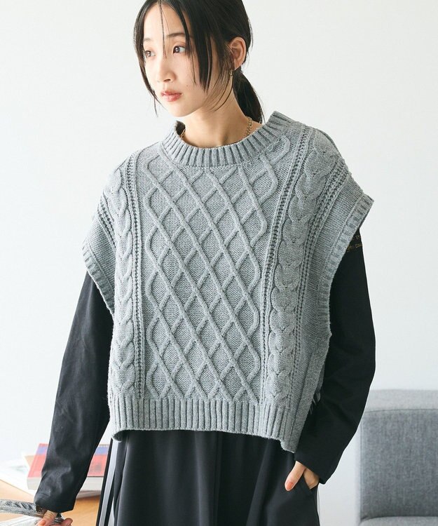 CRAFT STANDARD BOUTIQUE 洗える/2WAYケーブルニットリボンベスト Gray