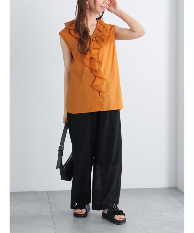 Te chichi クレープメッシュストレートパンツ（セットアップ可） ブラック