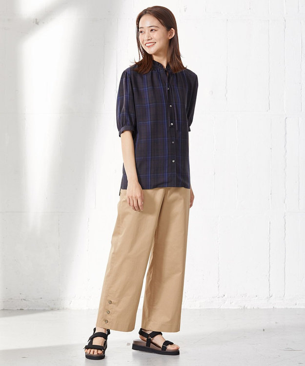 J.PRESS LADIES 【洗える】キュプラチェック フリルスタンドカラー ブラウス ネイビー系3