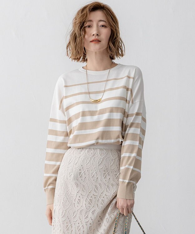 23区 【洗える】プレミアムビオコットン ボーダー ワイド ニット オフ×ベージュ