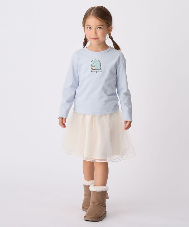 ANY KIDS 【すみっコぐらし】サガラ刺繍 長袖 Tシャツ サックスブルー×とかげ