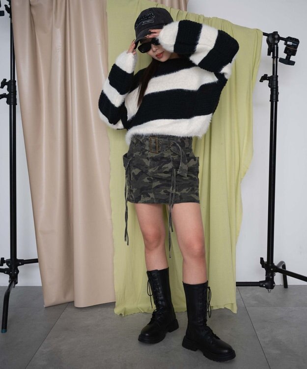 WEGO マテリアルシャギークロップドニット ブラック