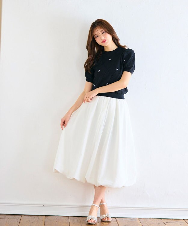 Feroux 【洗える】リボン刺繍ダイヤ柄 ニット ブラック系