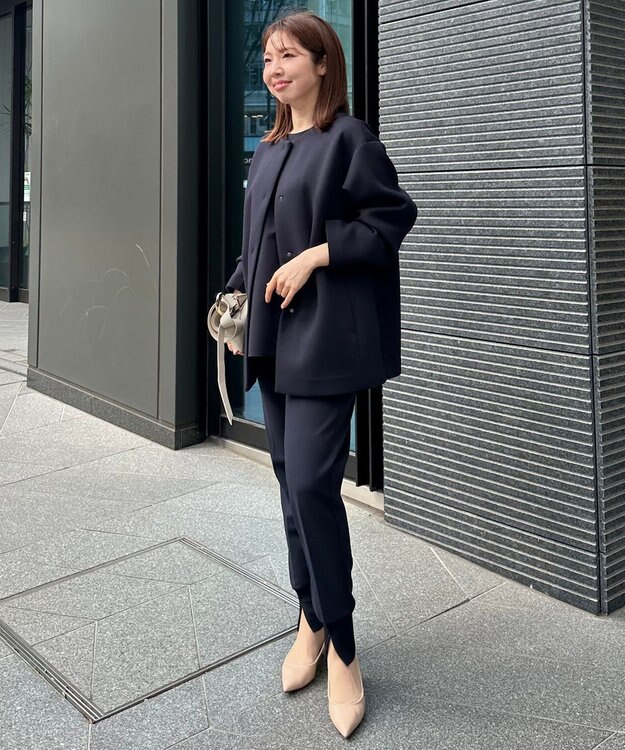 UNFILO 【洗える/シワになりにくい】ダブルフェイスジャージー　ノーカラー ネイビー