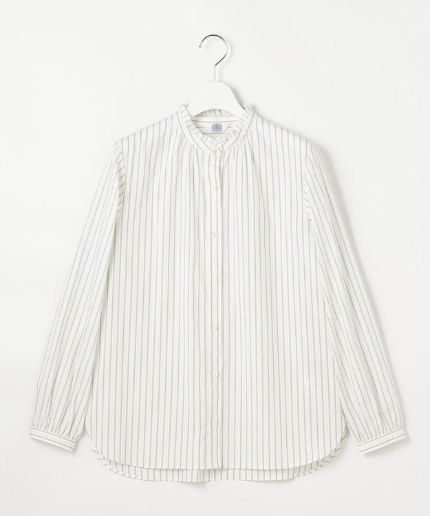 J.PRESS LADIES L BEZコットンナイロン ストライプ フリル襟 ブラウス ホワイト×ライム×グレー系