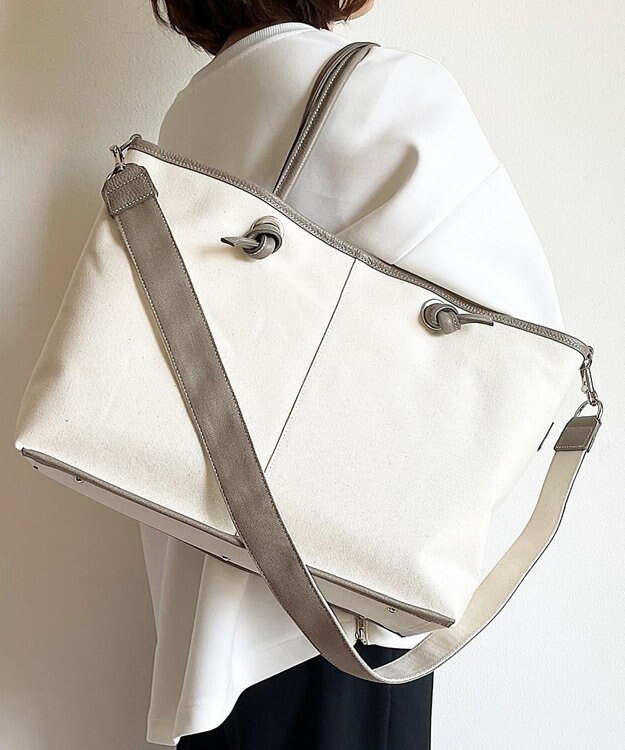 Hekhèr Le Style de Vie 【日本製 / A4サイズ対応/2WAY】コットンキャンバス×シュリンクレザー ノットトートバッグ large グレージュ