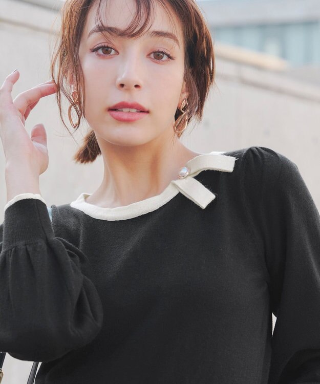 Tiaclasse 【洗える】リボン衿配色ニットワンピース ブラック