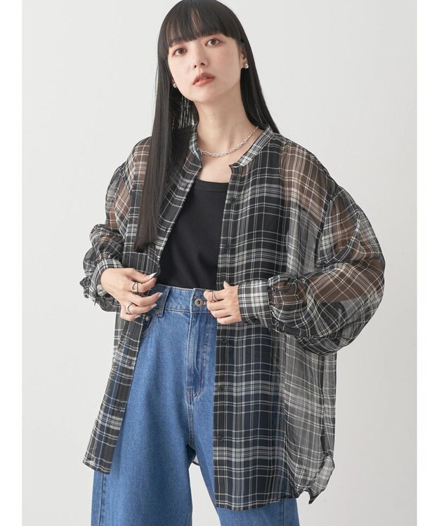 earth music&ecology シアーチェックシャツ Check Black