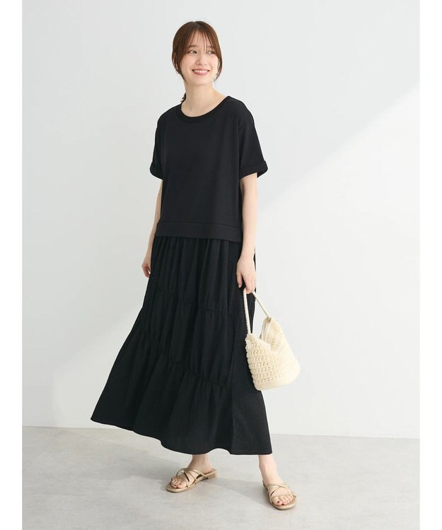 Green Parks カットソー異素材ドッキングワンピース Black