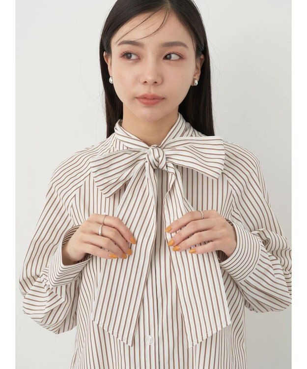 earth music&ecology ボウタイシャツワンピース Stripe Brown