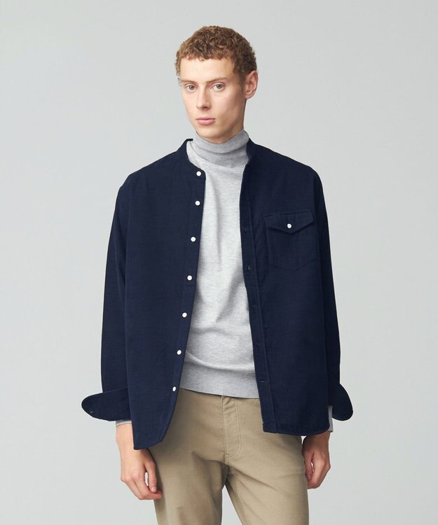 J.PRESS MEN Ｗフェイス キャラメルコールバンドカラー シャツ ネイビー系