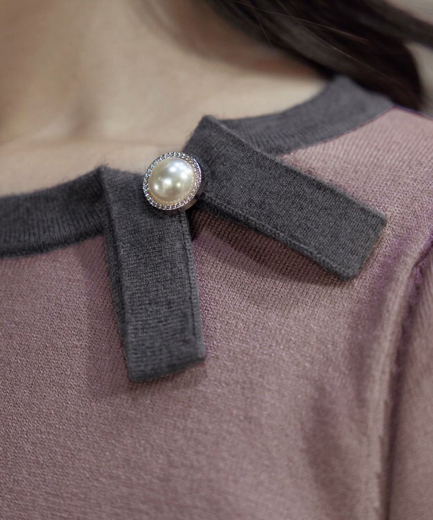 Tiaclasse 【洗える】リボン衿配色ニットワンピース ピンクモカ