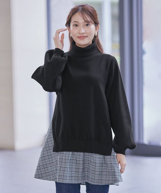 Tiaclasse 【洗える】コンビフレアニットトップス ブラック