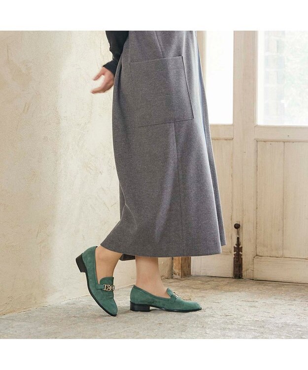 MODE ET JACOMO <carino>ゴールドチェーンローファー グリーンスエード