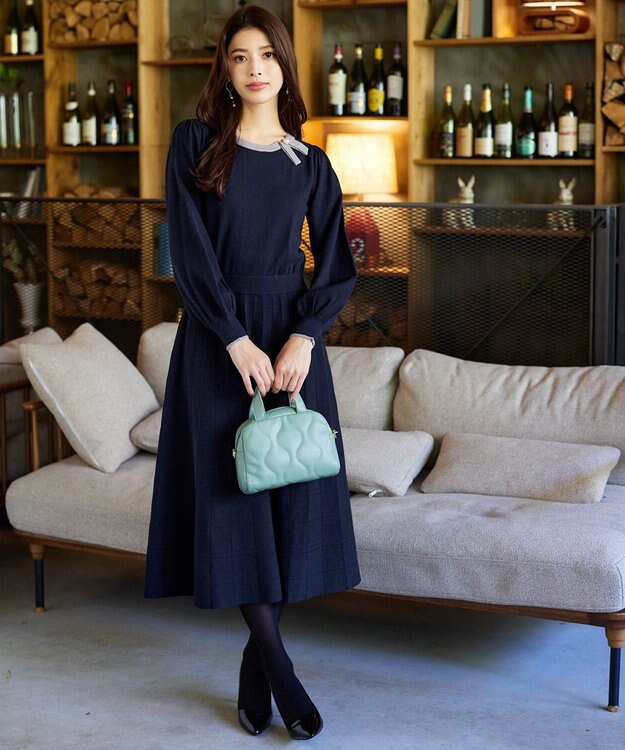 Tiaclasse 【洗える】リボン衿配色ニットワンピース ネイビー
