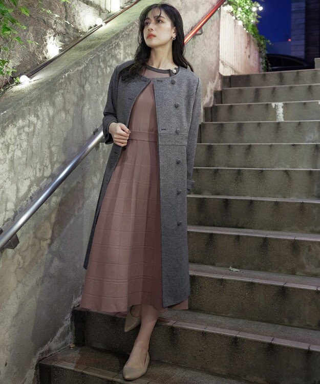 Tiaclasse 【洗える】リボン衿配色ニットワンピース ピンクモカ