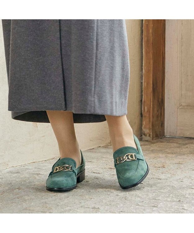 MODE ET JACOMO <carino>ゴールドチェーンローファー グリーンスエード