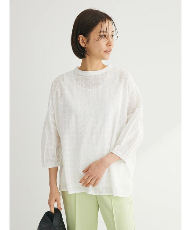 Green Parks インド綿 SET２点 刺繍７分丈ブラウス＋タンクトップ Off White