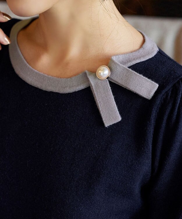 Tiaclasse 【洗える】リボン衿配色ニットワンピース ネイビー