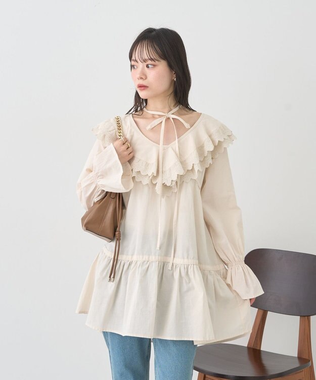 earth music&ecology 【綿100％】サイドリボンラッフルミニワンピース Ecru