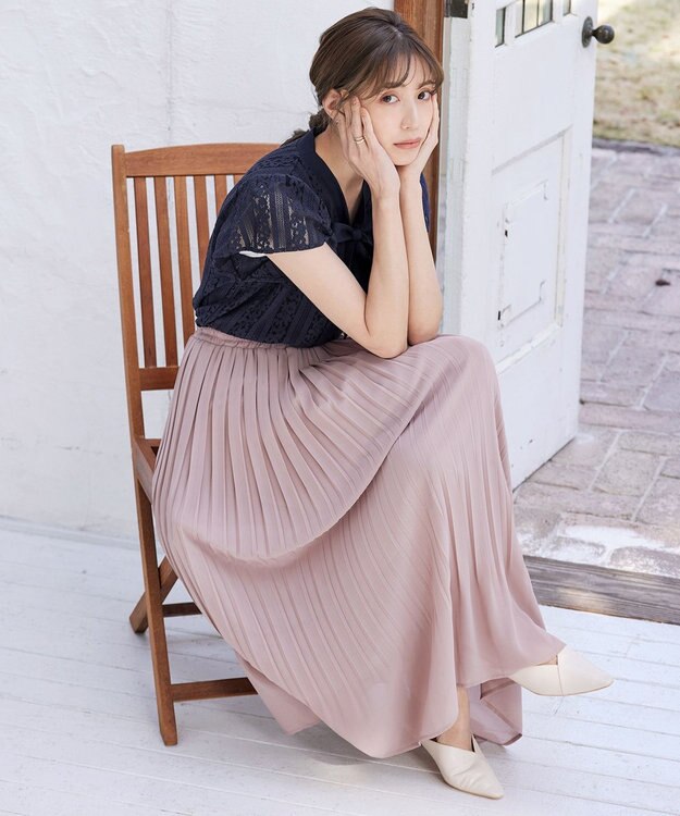 Tiaclasse 【洗える】幅広く活躍が期待できるボウタイレースブラウス ネイビー