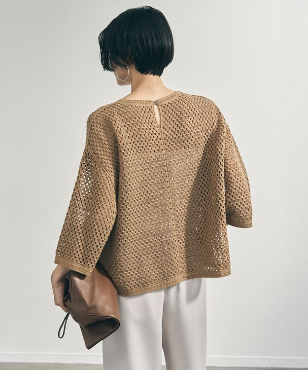 UNFILO L クロシェレースニット ハーフスリーブ プルオーバー キャメル