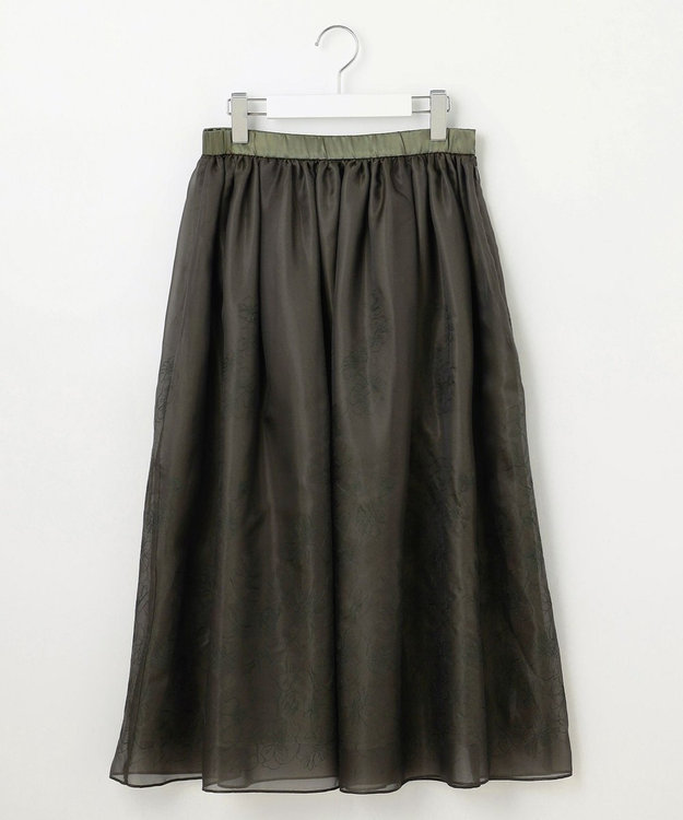 自由区 【洗える】シアーパネルエンブロイダリー スカート ダークカーキ