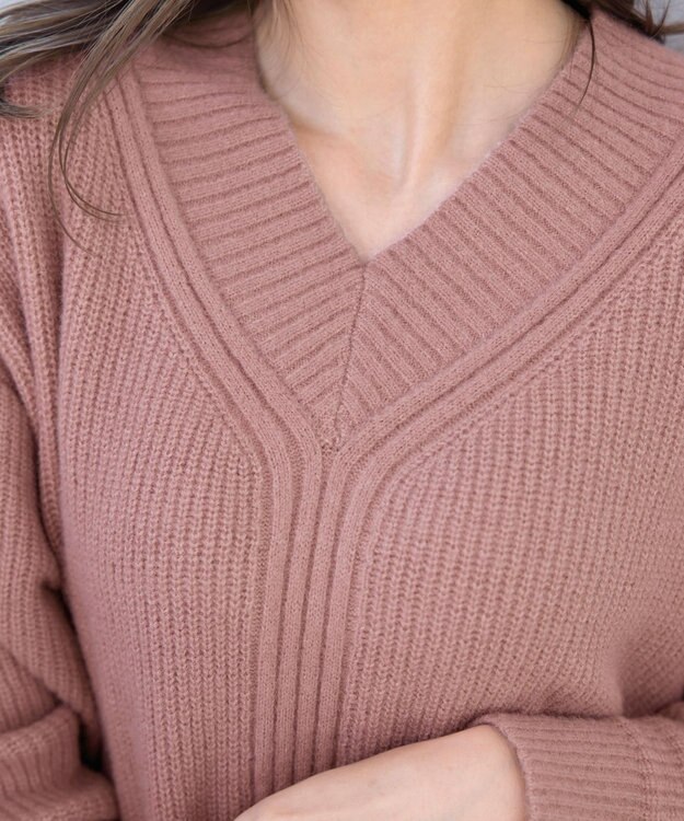 Tiaclasse L 【洗える】Vネック起毛ニットトップス ピンク