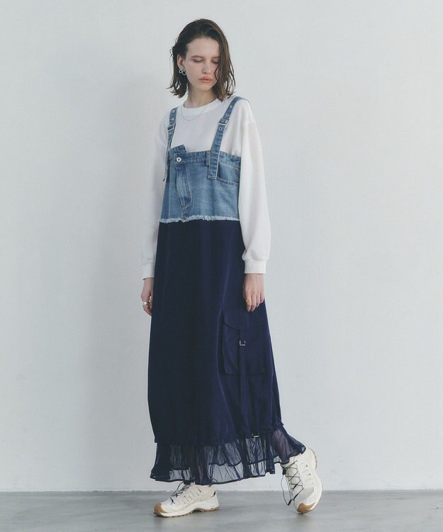 YECCA VECCA デニムMIXデザインサロペット Light Indigo