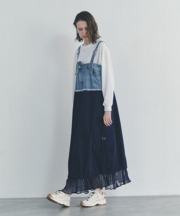 YECCA VECCA デニムMIXデザインサロペット Light Indigo