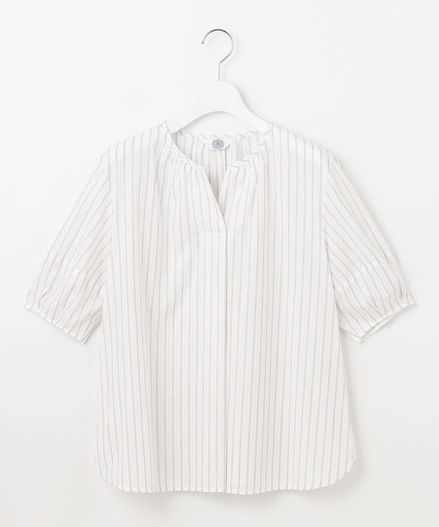 J.PRESS LADIES 【洗える】BEZ空羽ストライプ クルーネック V開き ブラウス ホワイト系1