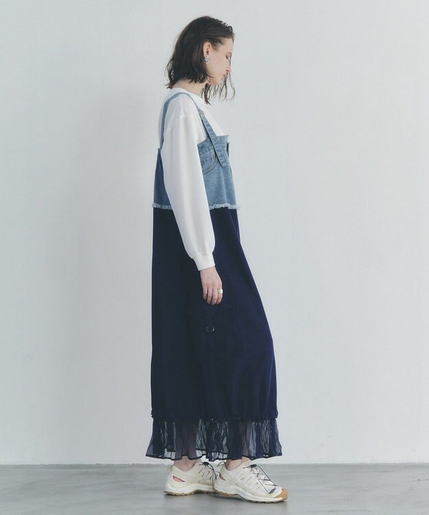 YECCA VECCA デニムMIXデザインサロペット Light Indigo