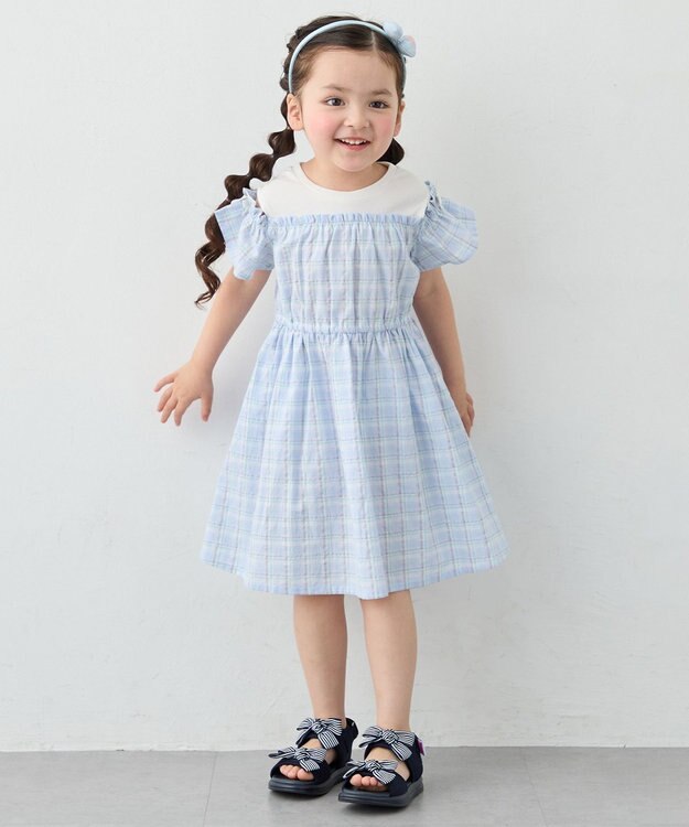 ANY KIDS 【洗濯機可能】オンオフショルダーワンピース サックスブルー×チェック