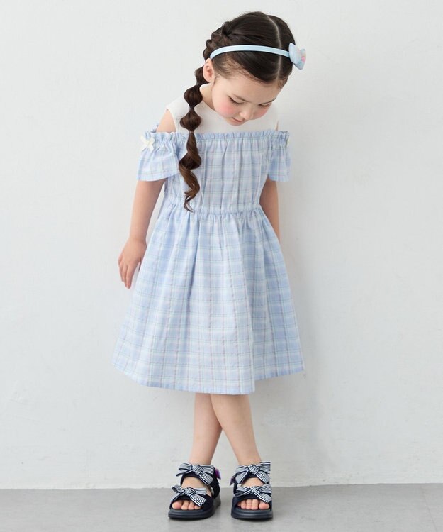 ANY KIDS 【洗濯機可能】オンオフショルダーワンピース サックスブルー×チェック