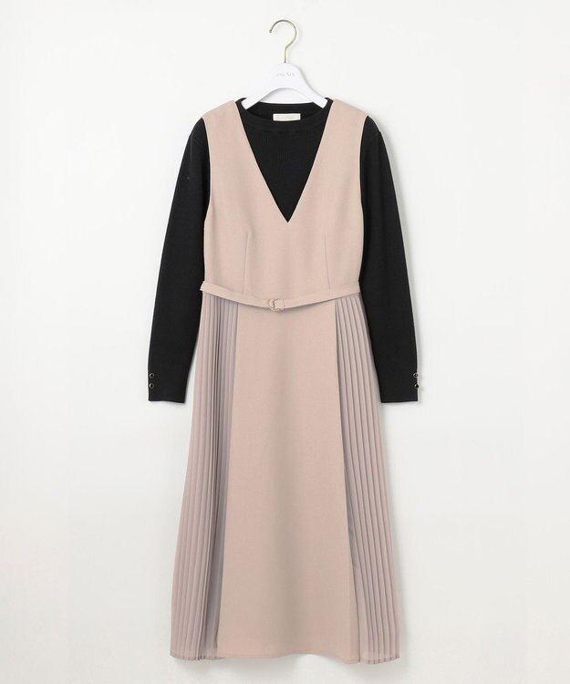 ANY SIS L 【2SET】プリーツコンビ ジャンパースカート セット ライトベージュ×ブラック