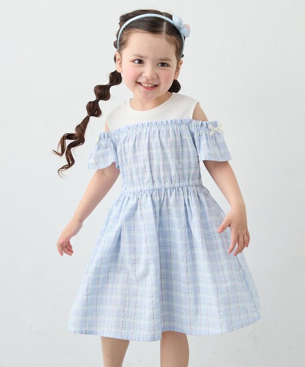 ANY KIDS 【洗濯機可能】オンオフショルダーワンピース サックスブルー×チェック