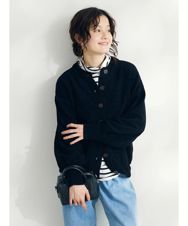 CRAFT STANDARD BOUTIQUE 洗えるコードモールクルーネックカーデイガン Black