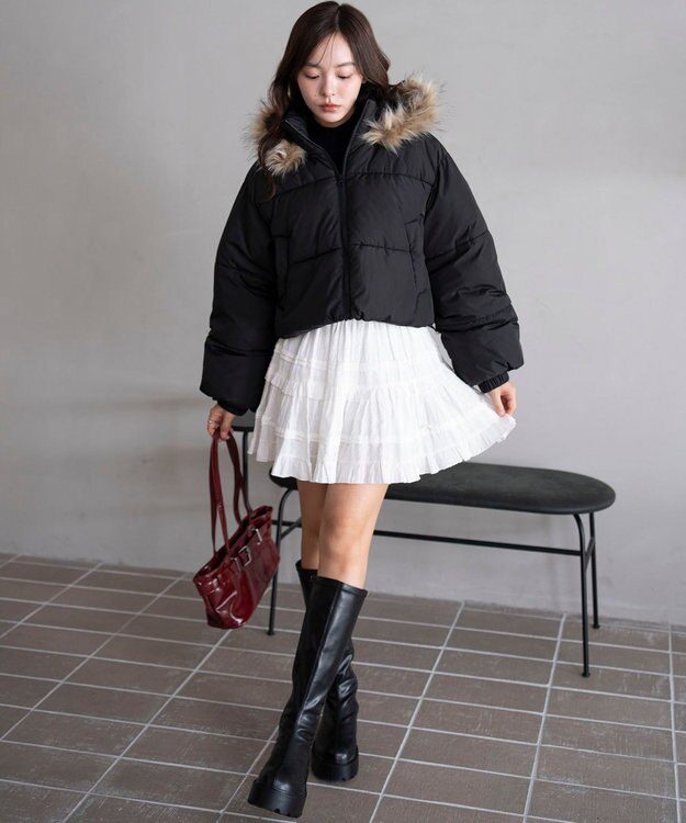 WEGO 【25年秋冬新作/SMサイズ展開】2WAYファーフードショートパファーブルゾン ブラック