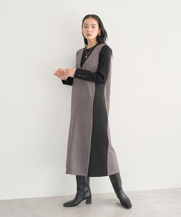 YECCA VECCA ニット切替フェイクスエードジャンスカ Charcoal Gray