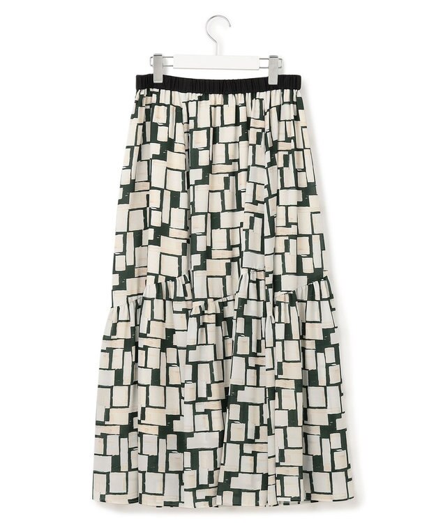 23区 L 【洗える】ARGENTIコラージュプリント ティアードスカート ブラック系